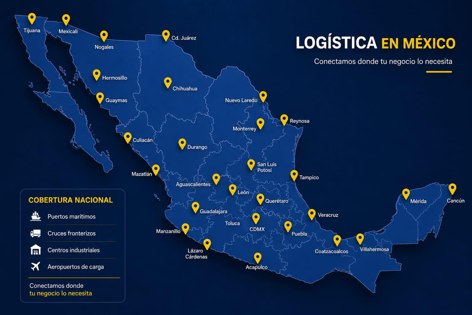 Mapa de la República Mexicana con las rutas de cobertura logística de SOLEM